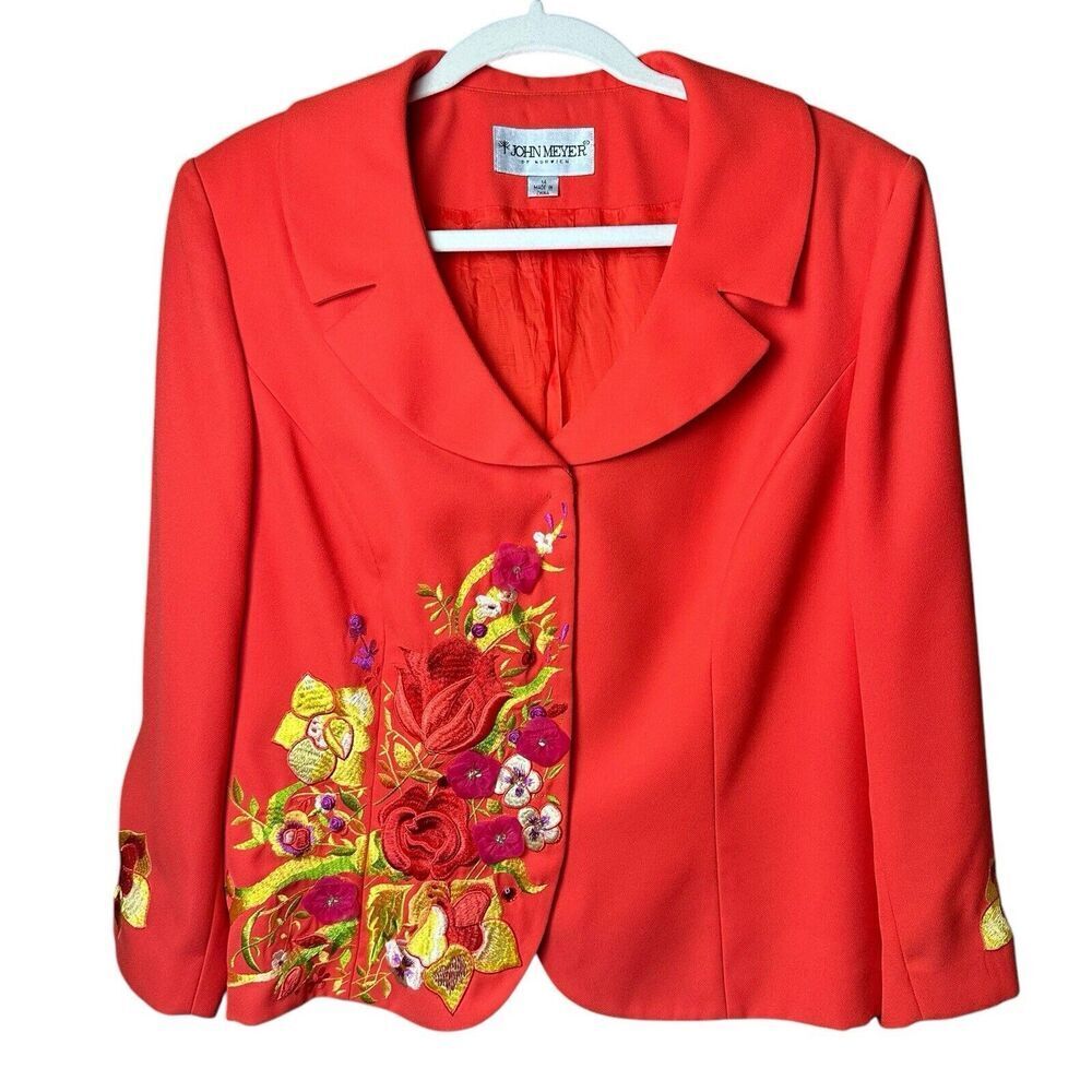 John Meyer Norwich Orange Floral Embroidered Blazer 14 |‎ Statement Art to Wear